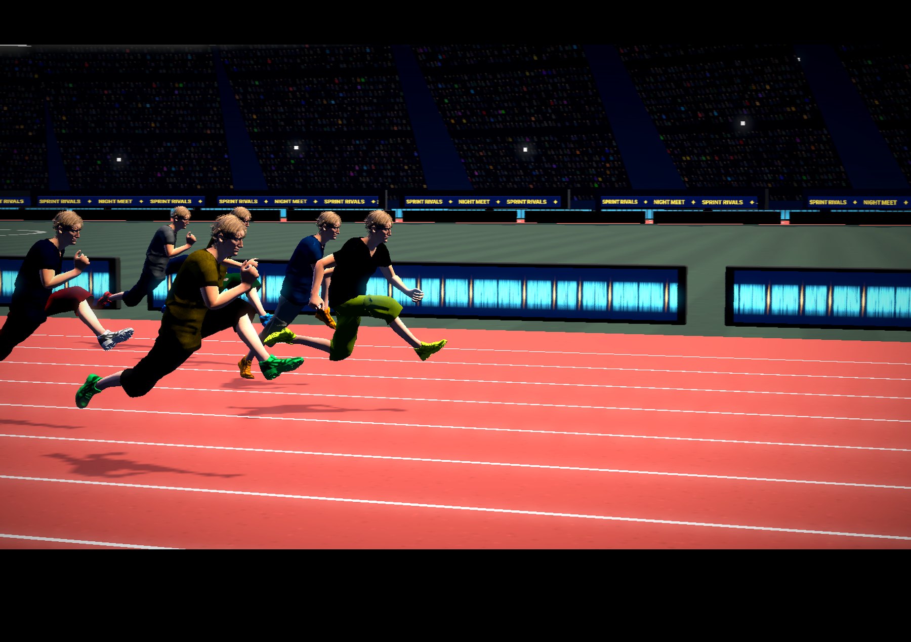 The field crossing the line in Sprint Rivals, seen from trackside.